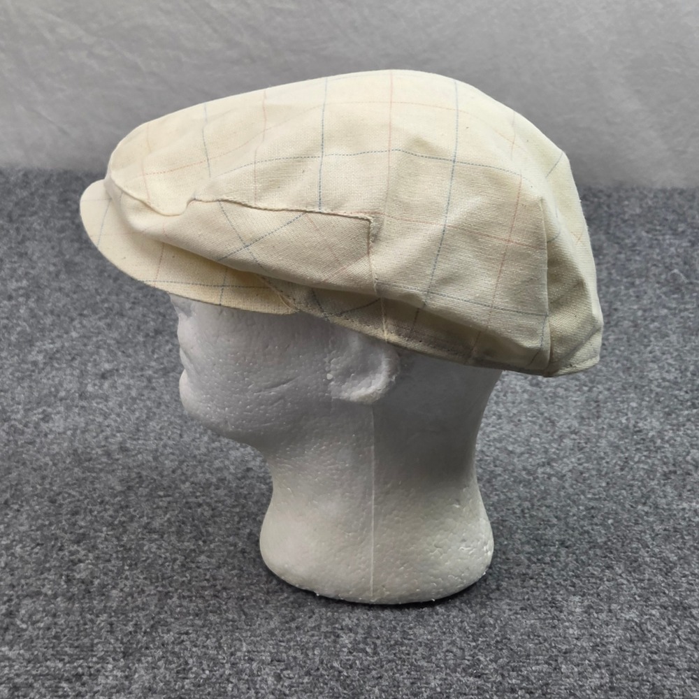 Vintage Newsboy Cap Mens XL Cream Plaid Windowpane Patina Flat Ivy Hat Made USA - Picture 2 of 9